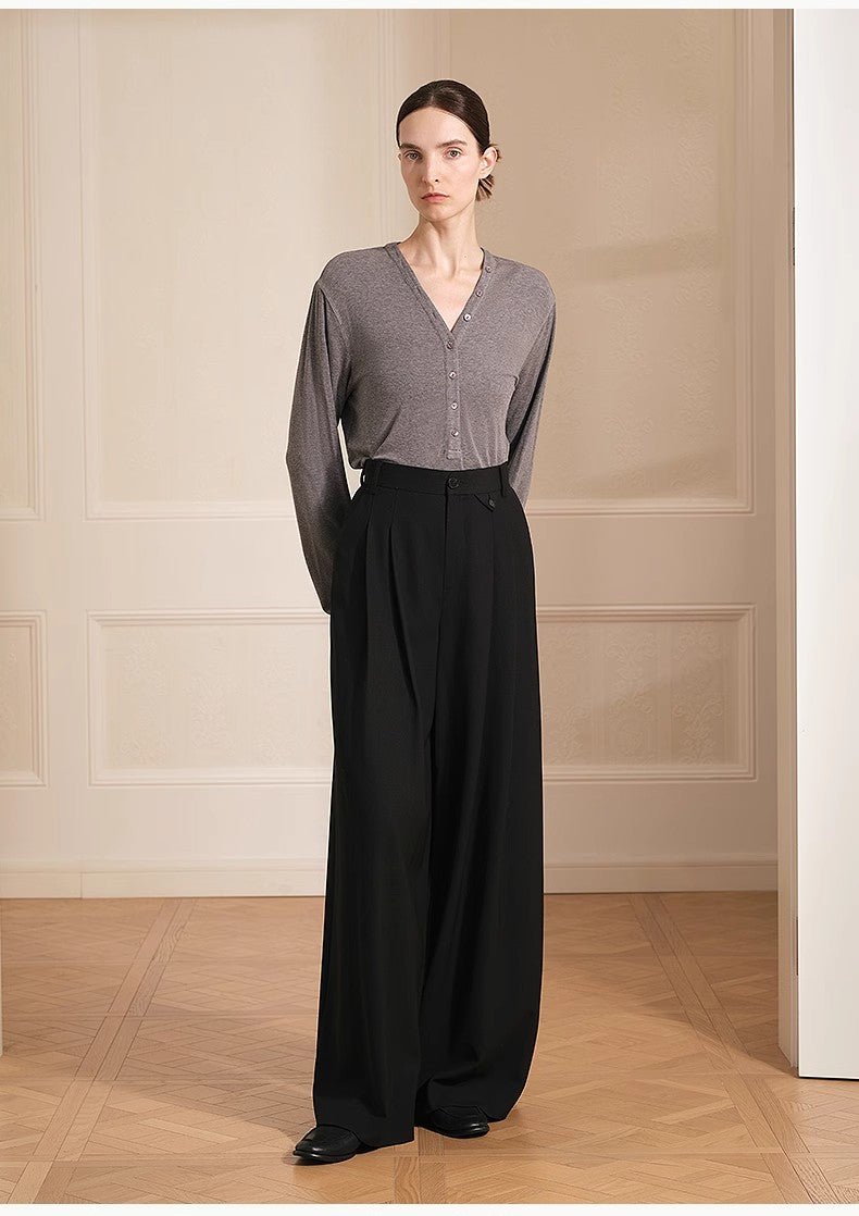 Merino wool blended double pleated wide - leg pants for women, versatile, drapey and comfortable casual trousers - variant_title