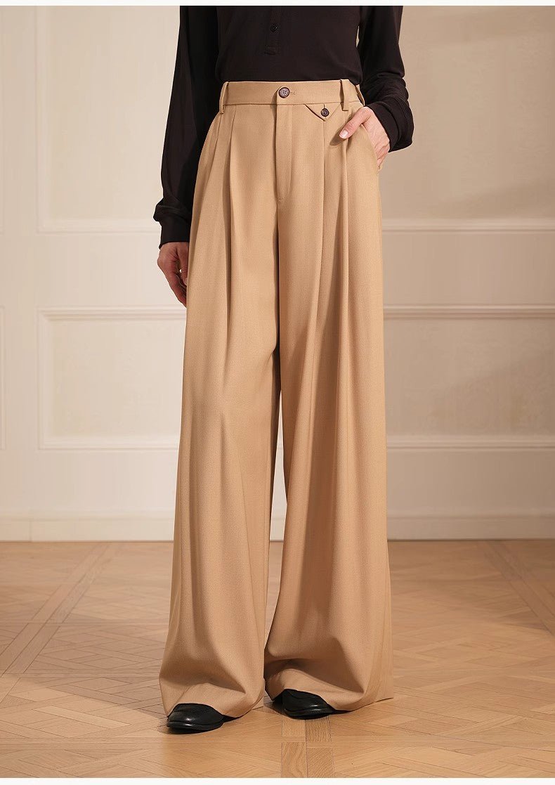 Merino wool blended double pleated wide - leg pants for women, versatile, drapey and comfortable casual trousers - variant_title