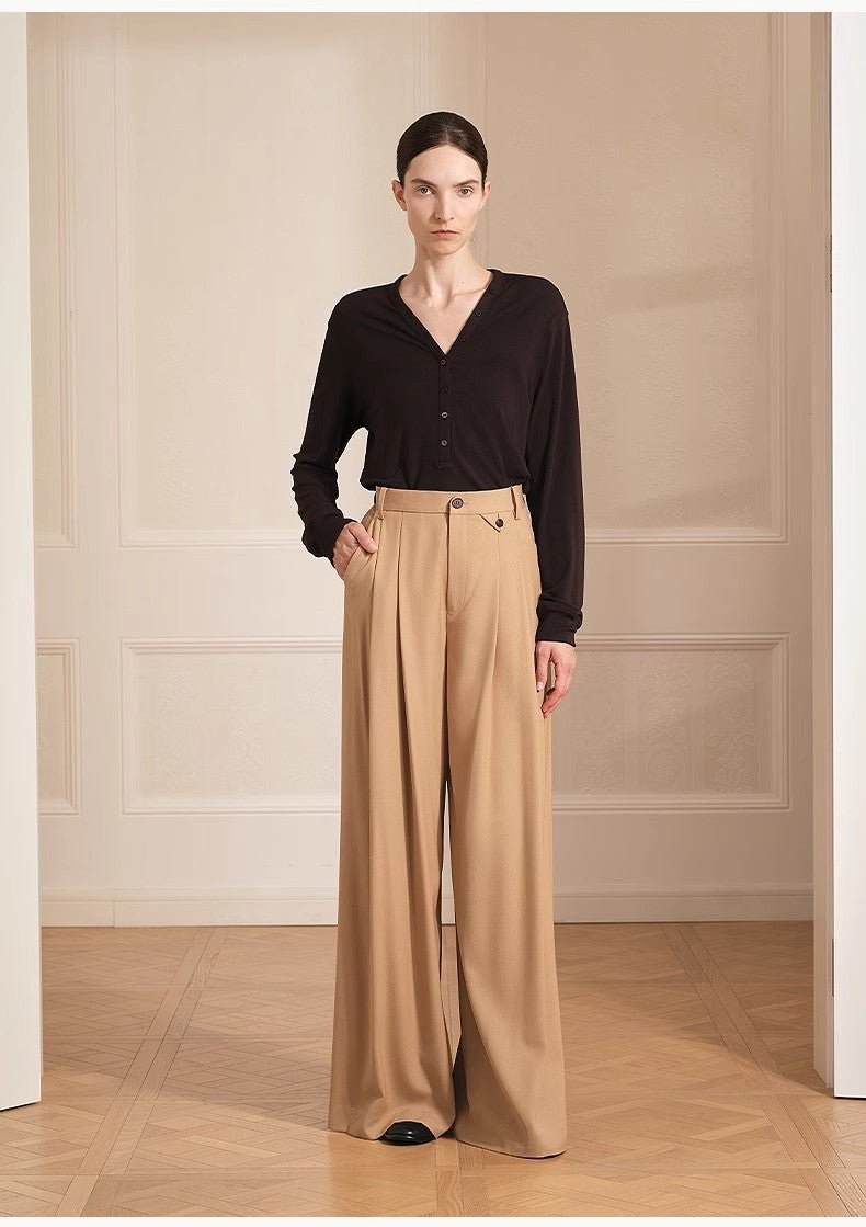 Merino wool blended double pleated wide - leg pants for women, versatile, drapey and comfortable casual trousers - variant_title