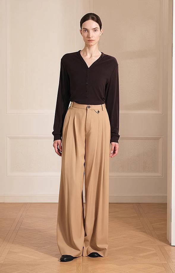 Merino wool blended double pleated wide - leg pants for women, versatile, drapey and comfortable casual trousers - variant_title