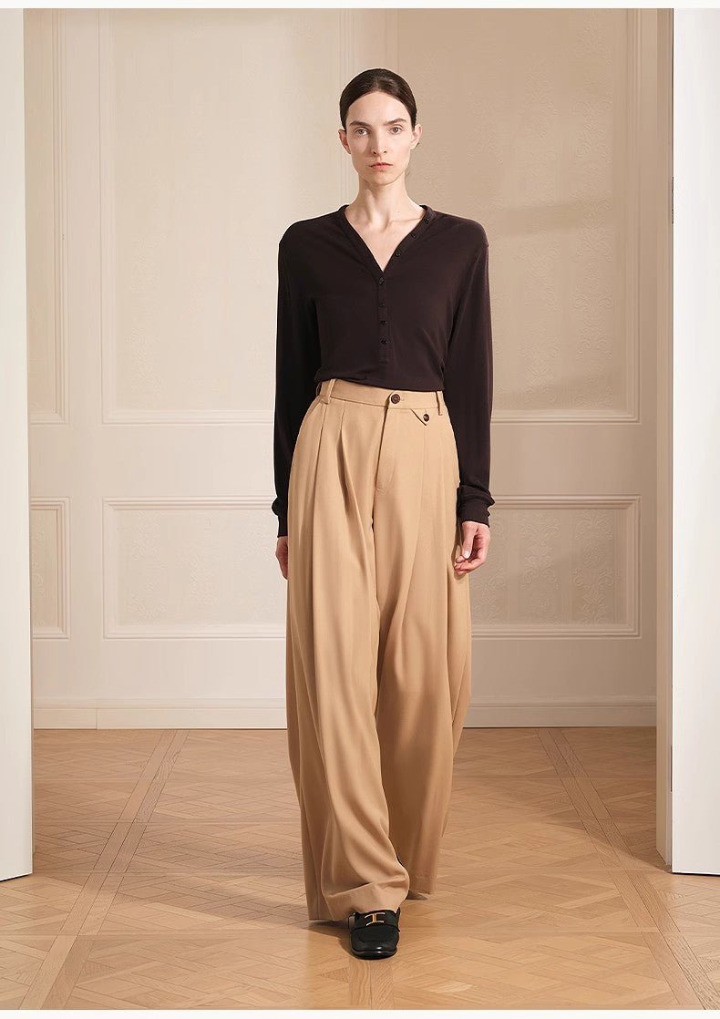 Merino wool blended double pleated wide - leg pants for women, versatile, drapey and comfortable casual trousers - variant_title