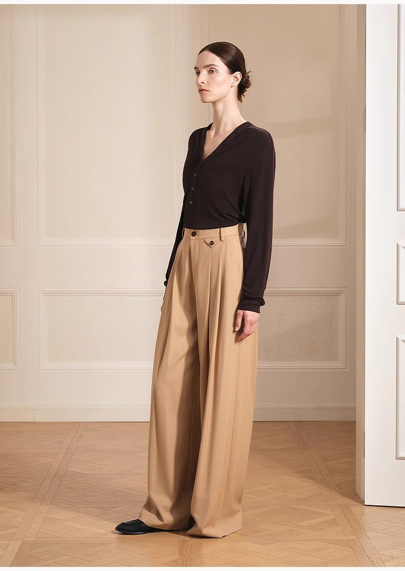 Merino wool blended double pleated wide - leg pants for women, versatile, drapey and comfortable casual trousers - variant_title