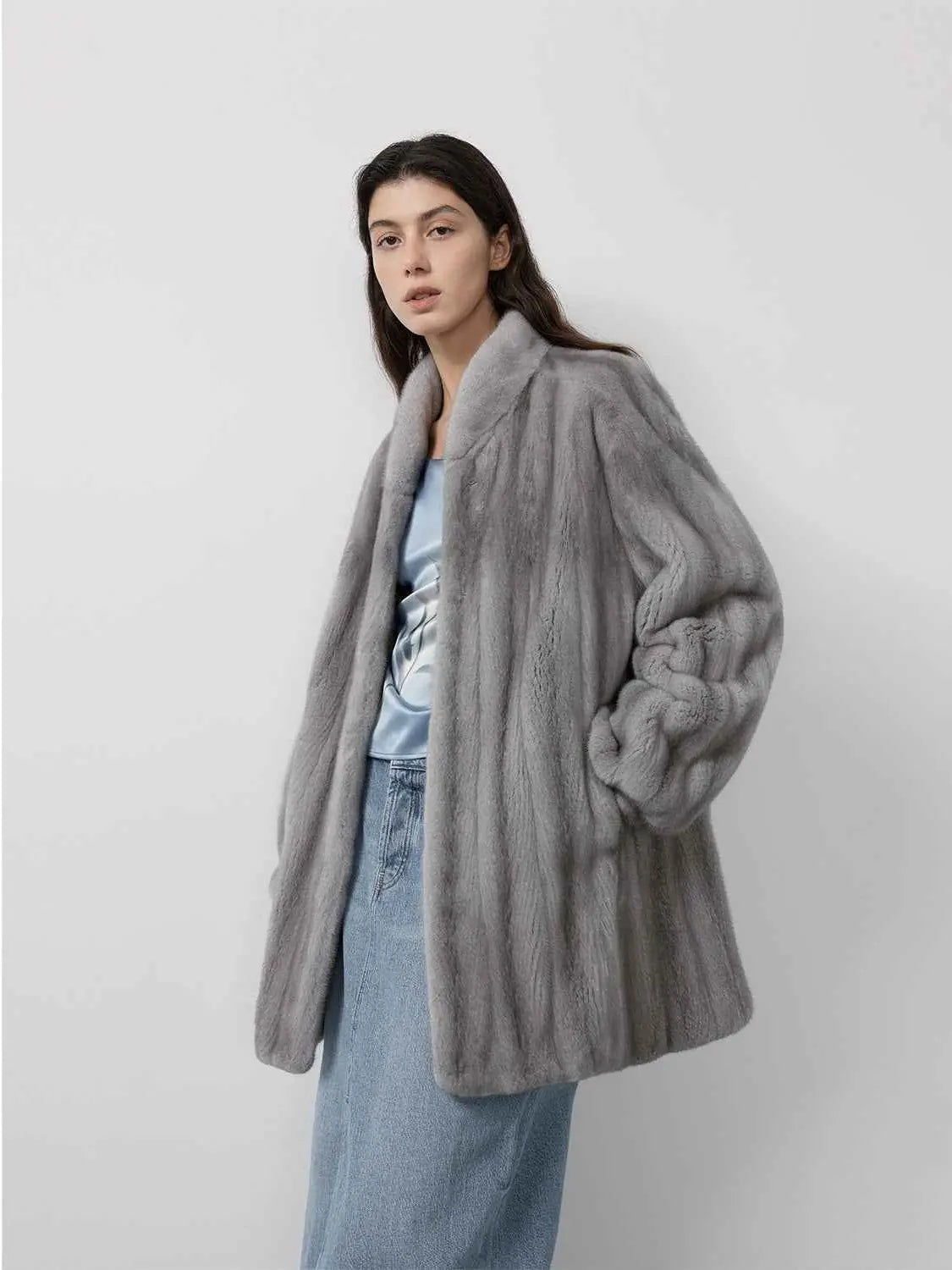 Meteor Variations Sapphire mink coat on model, front view