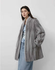 Meteor Variations Sapphire mink coat on model, front view