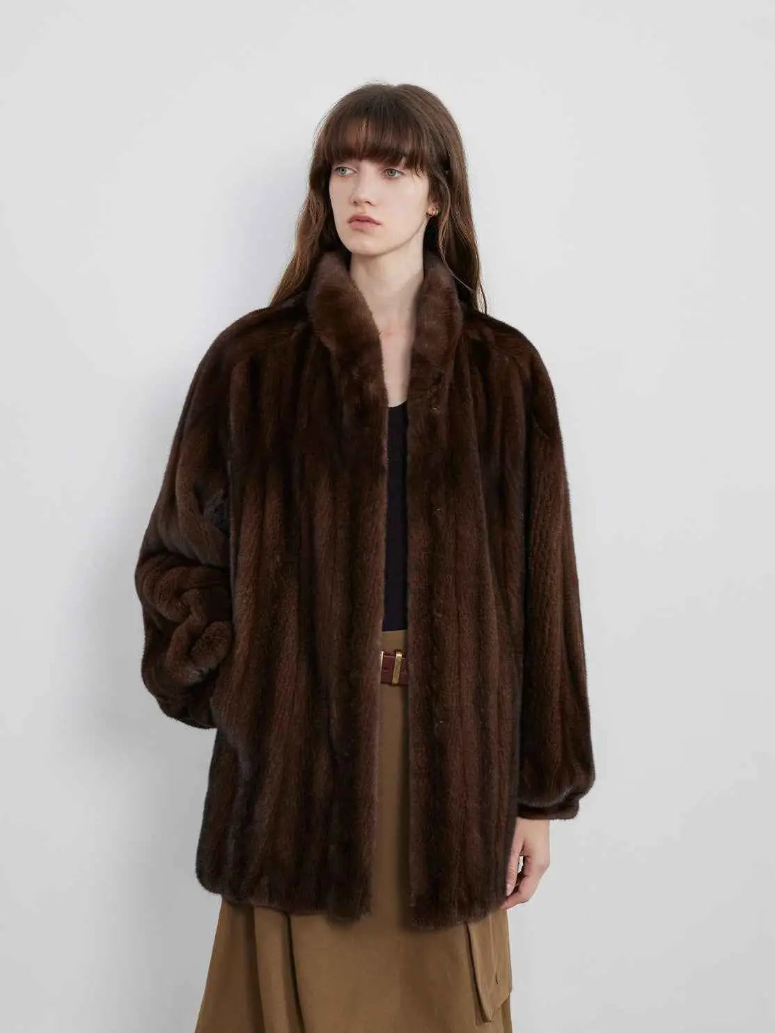 Meteor Variations Coffee mink coat on model, front view