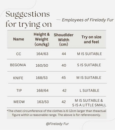 Meteor Variations mink coat model fit reference chart