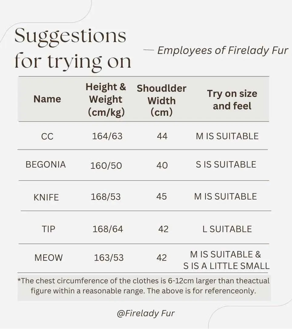 Meteor Variations mink coat model fit reference chart