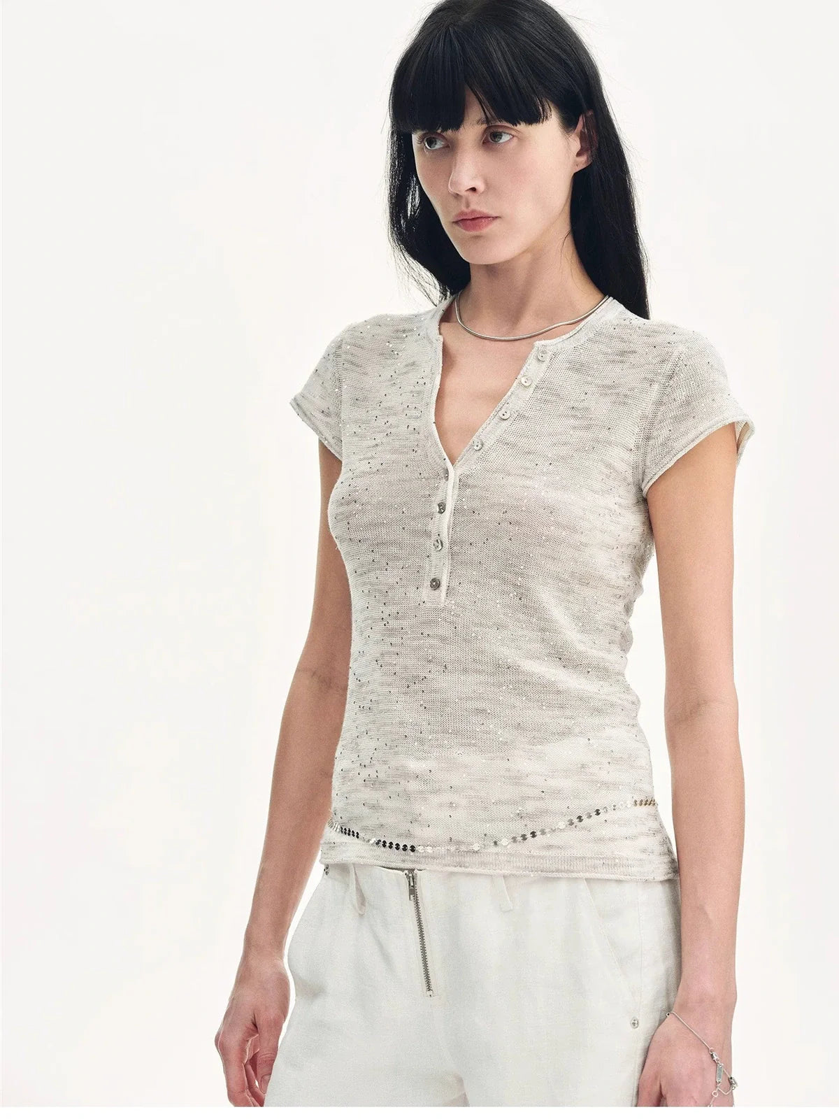 Minimalist Light Gap apricot sequined Henley T-shirt model close front view