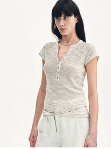 Minimalist Light Gap apricot sequined Henley T-shirt model close front view