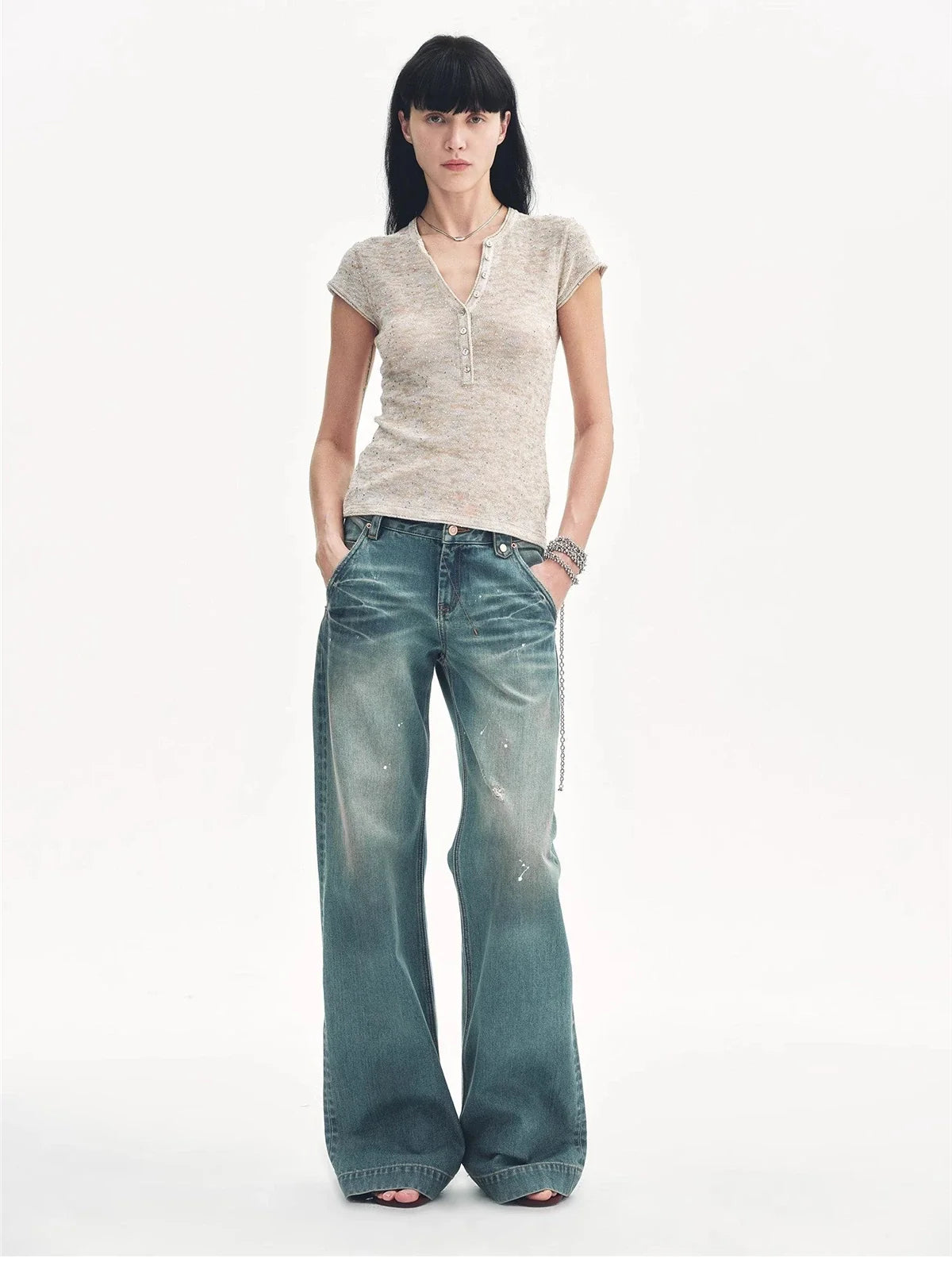 Minimalist Light Gap apricot sequined Henley T-shirt model front view