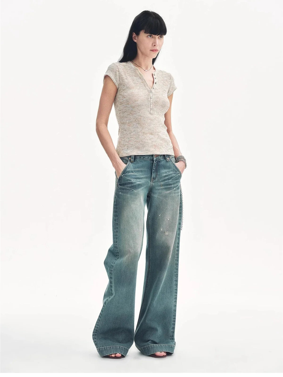 Minimalist Light Gap apricot sequined Henley T-shirt model side view