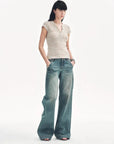 Minimalist Light Gap apricot sequined Henley T-shirt model side view