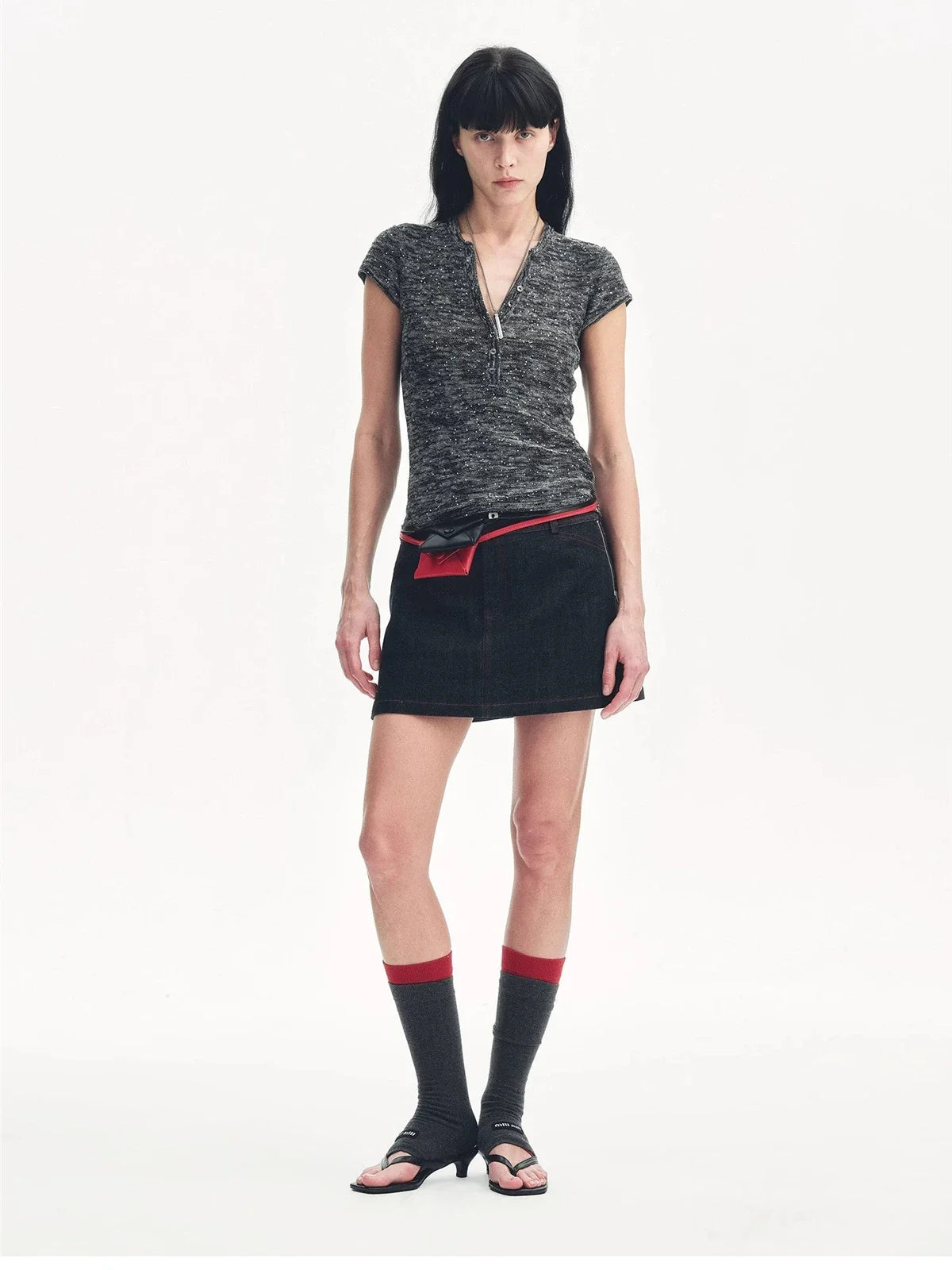 Minimalist Light Gap black sequined Henley T-shirt model front view