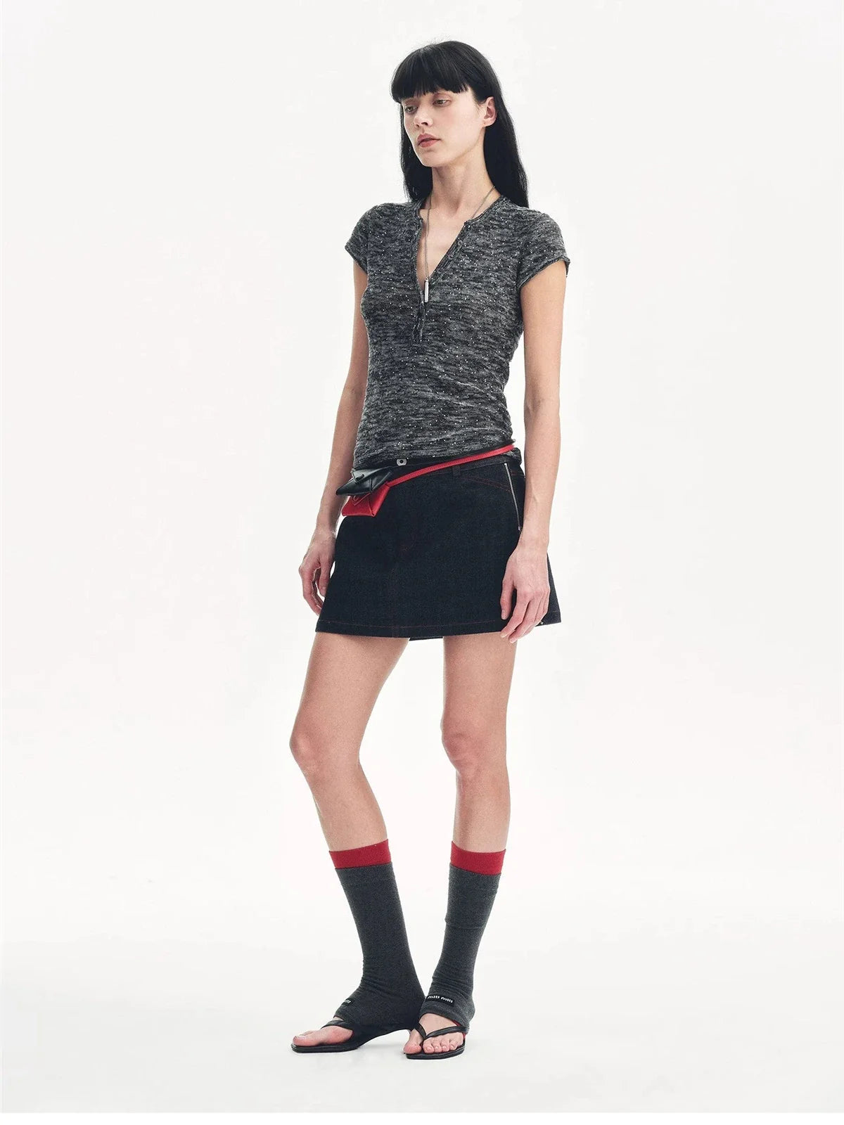 Minimalist Light Gap black sequined Henley T-shirt model side view