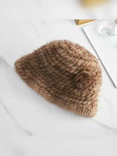 Light coffee mink woven camellia flower bucket hat for women