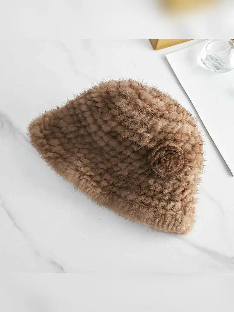 Light coffee mink woven camellia flower bucket hat for women