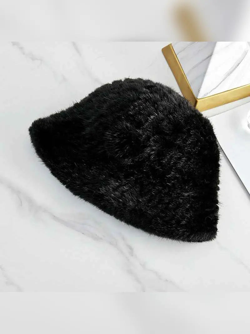 Black mink woven camellia flower bucket hat for women