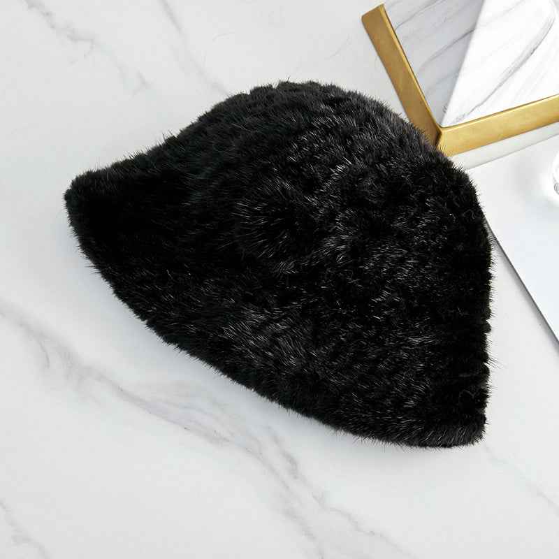 Mink Woven Fur Hat Women's Camellia Flower Bucket Hat - variant_title