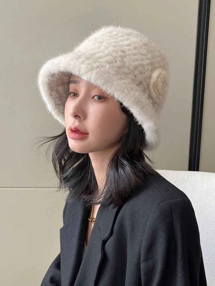 Mink Woven Fur Hat Women's Camellia Flower Bucket Hat - variant_title