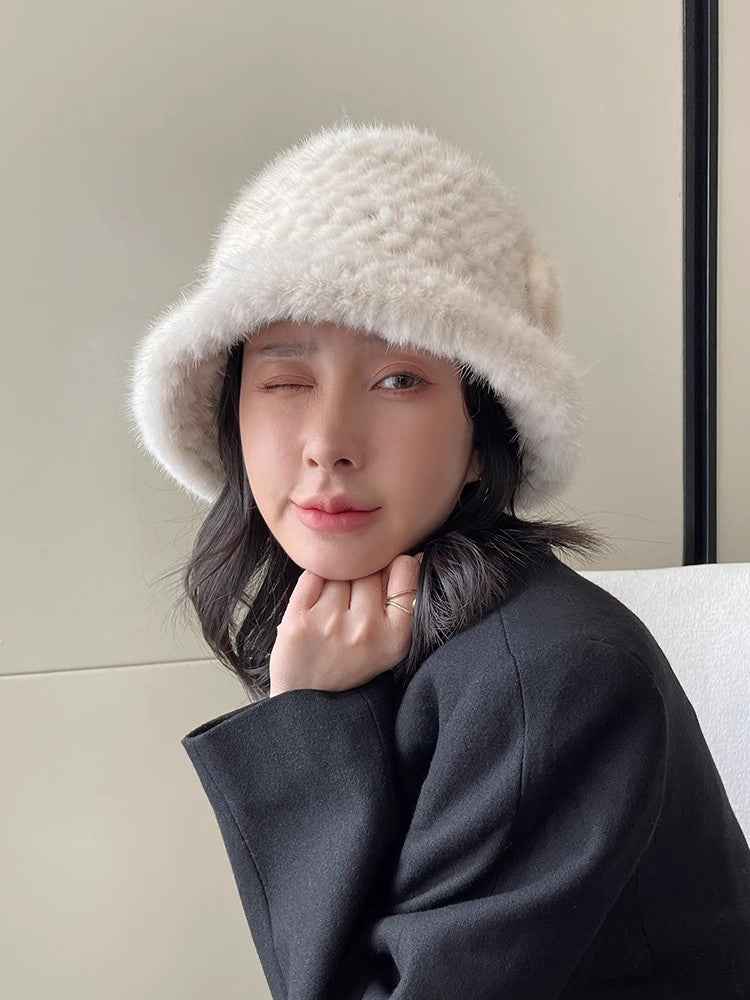 Mink Woven Fur Hat Women's Camellia Flower Bucket Hat - variant_title