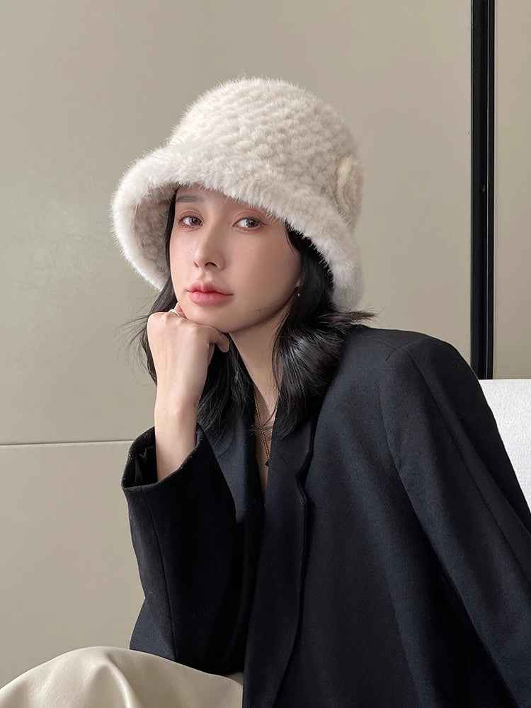 Mink Woven Fur Hat Women's Camellia Flower Bucket Hat - variant_title