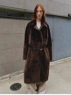 Mocha Phantom long copper brown shearling coat styled on model