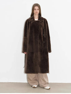 Front studio view of copper brown Merino shearling coat