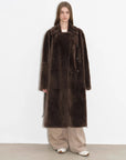 Front studio view of copper brown Merino shearling coat