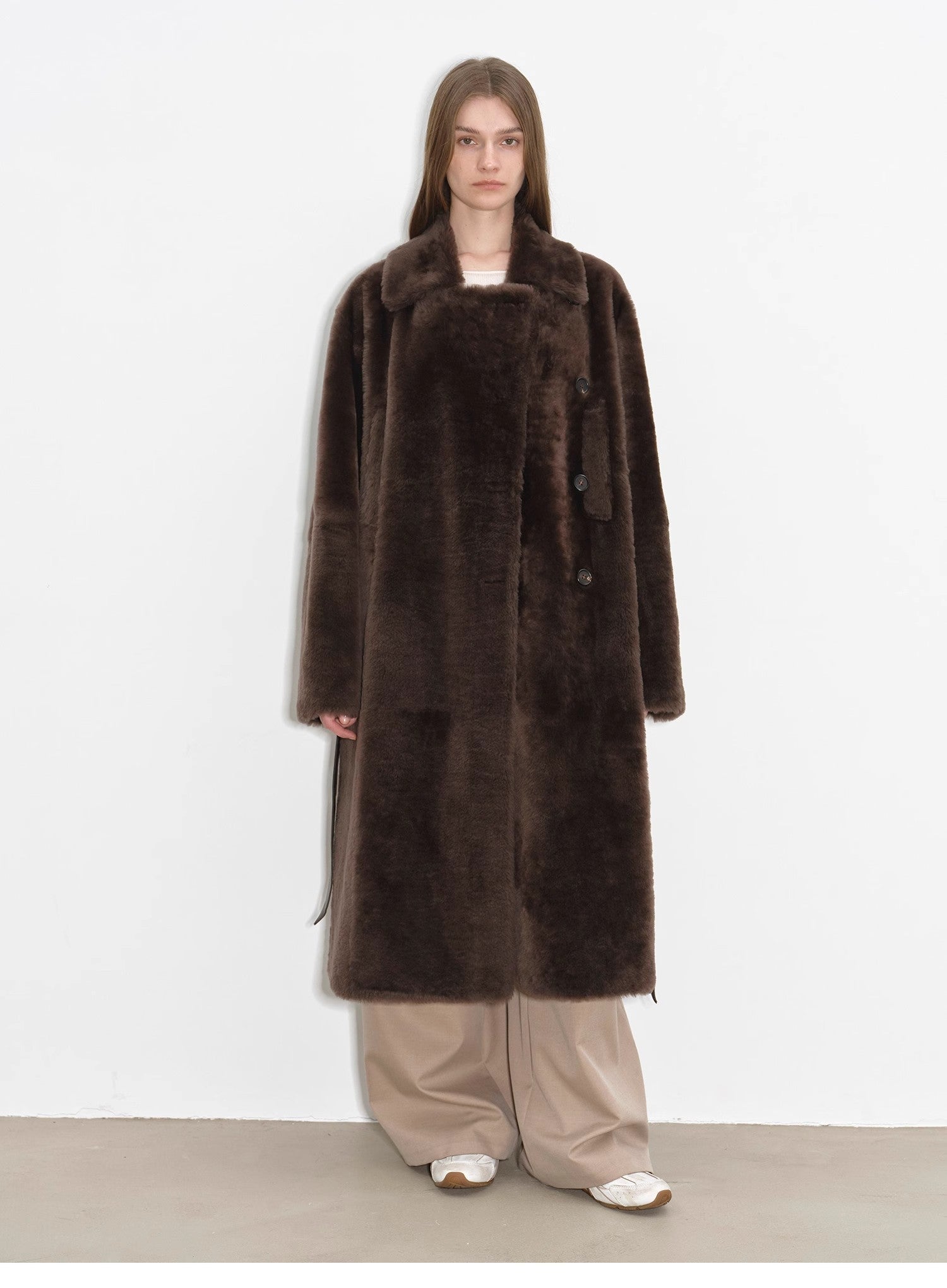 "Mocha Phantom" Merino wool dropped shoulder long asymmetric placket sheepskin coat - variant_title