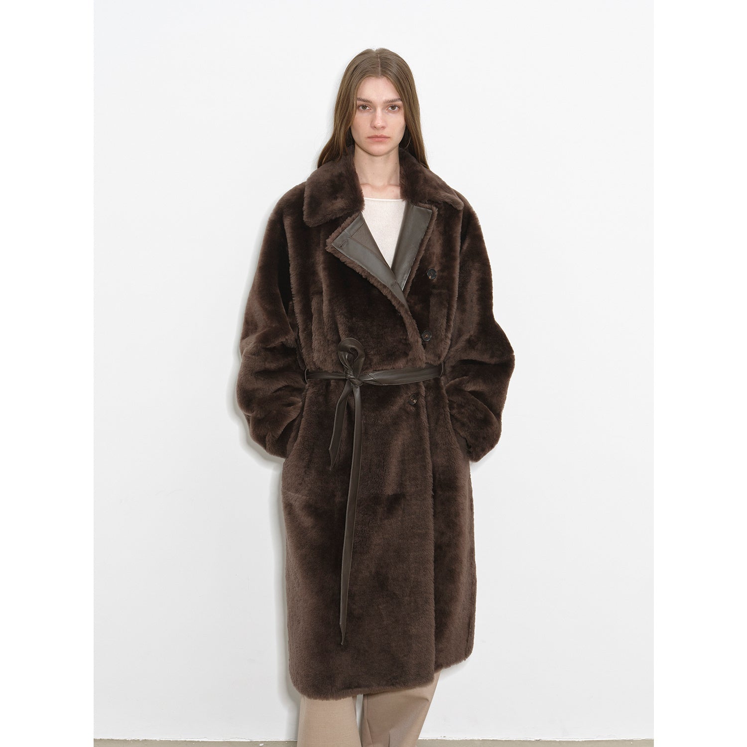 "Mocha Phantom" Merino wool dropped shoulder long asymmetric placket sheepskin coat - variant_title