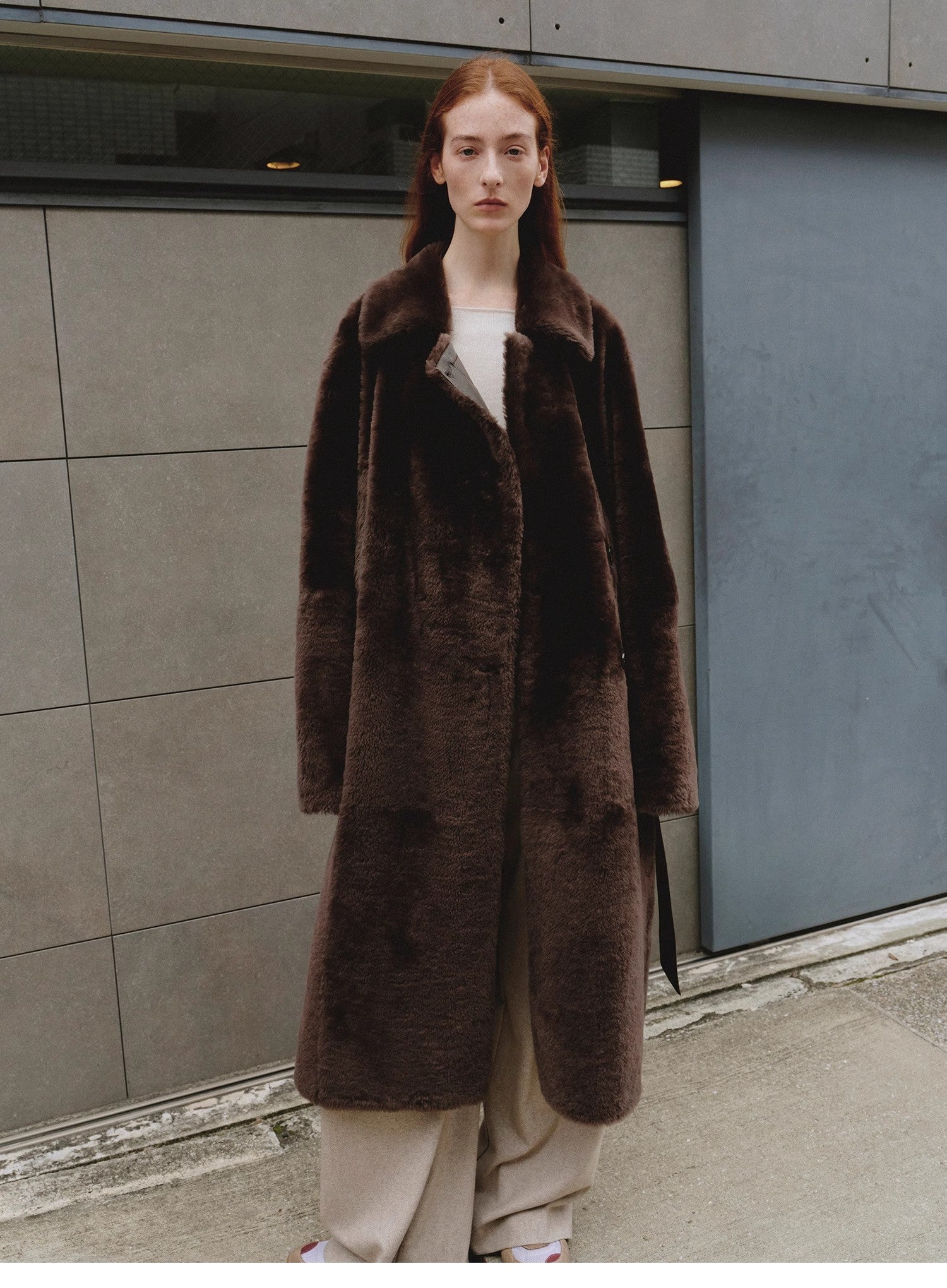"Mocha Phantom" Merino wool dropped shoulder long asymmetric placket sheepskin coat - variant_title
