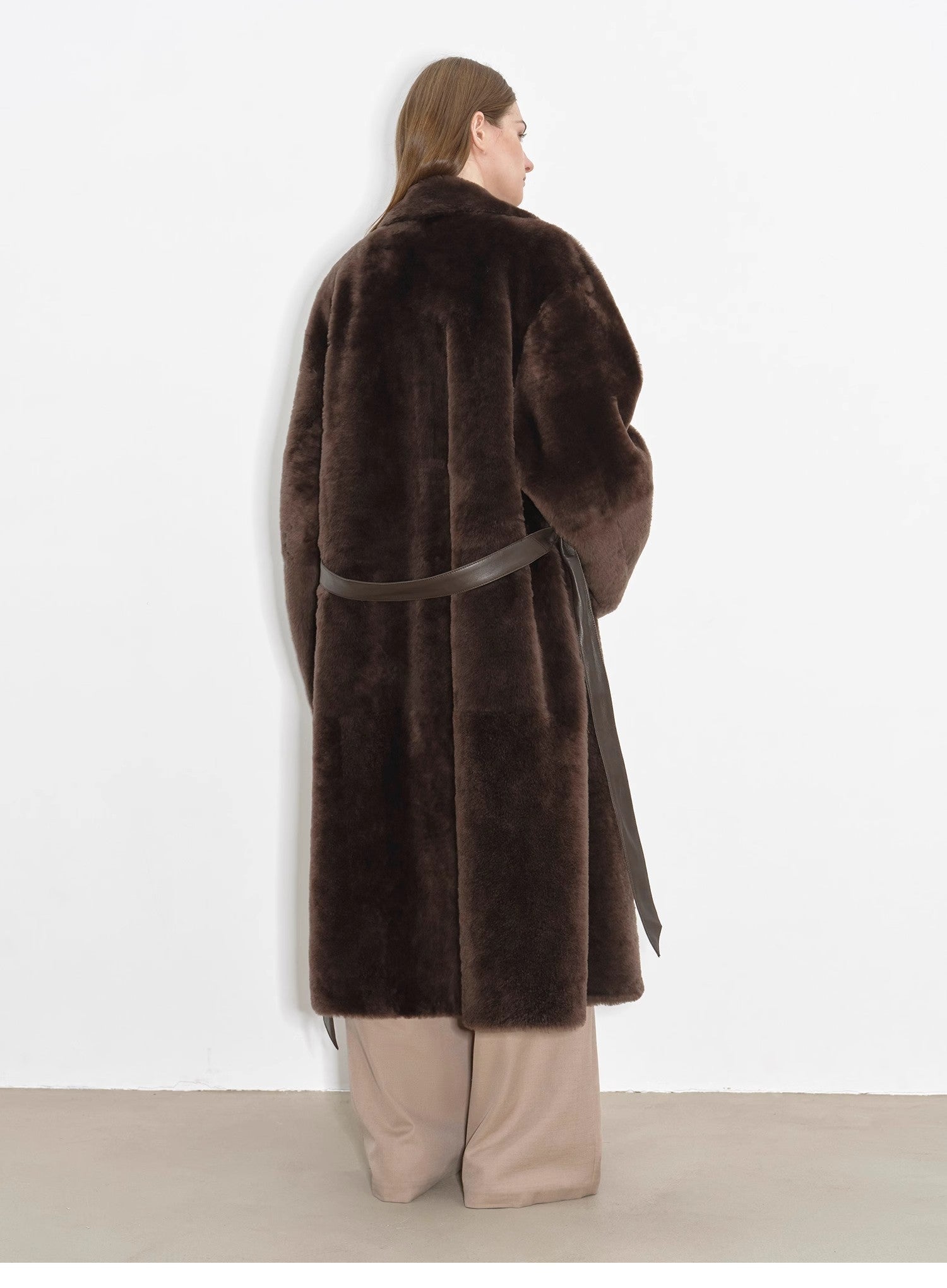 "Mocha Phantom" Merino wool dropped shoulder long asymmetric placket sheepskin coat - variant_title
