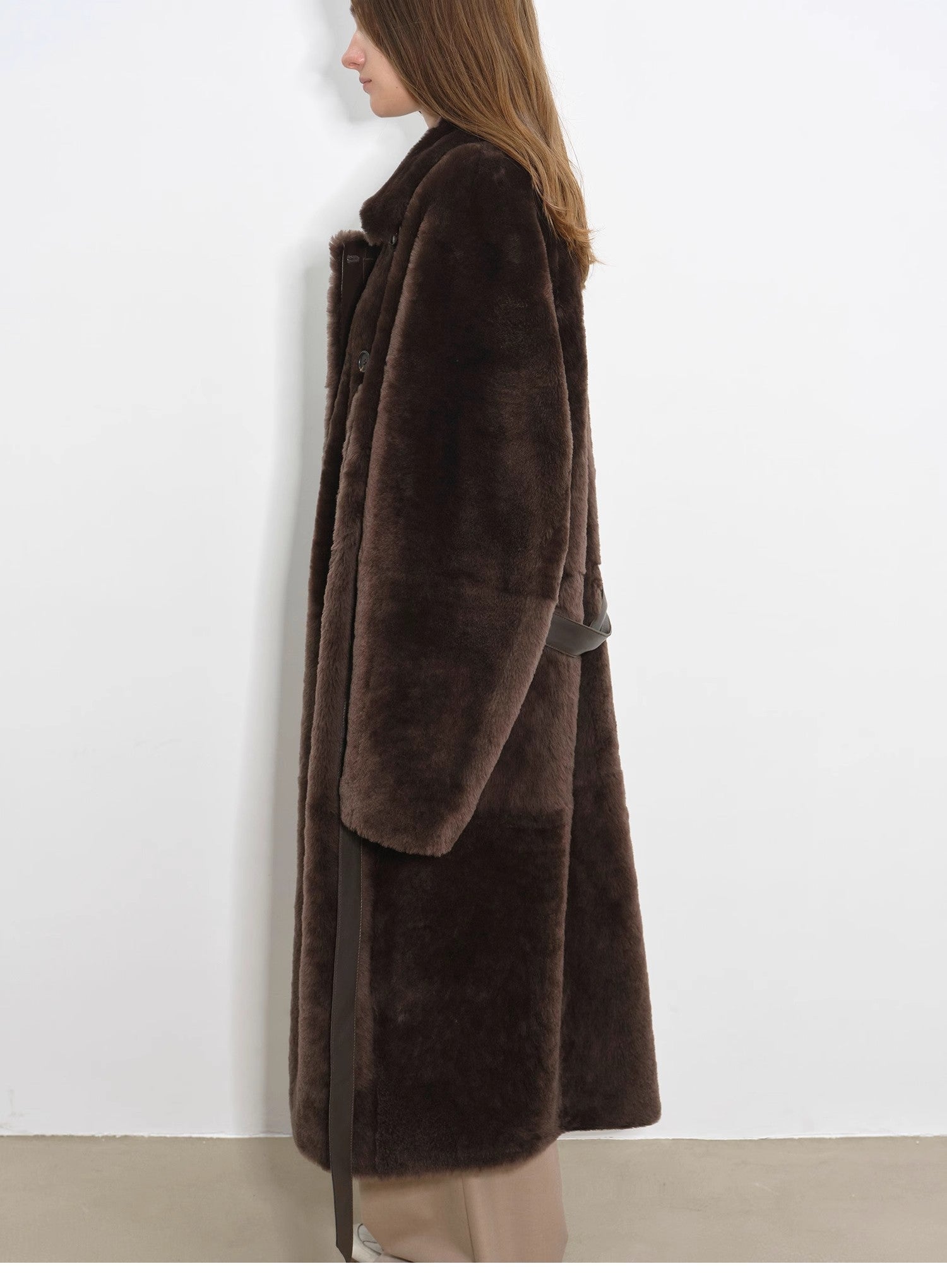 "Mocha Phantom" Merino wool dropped shoulder long asymmetric placket sheepskin coat - variant_title
