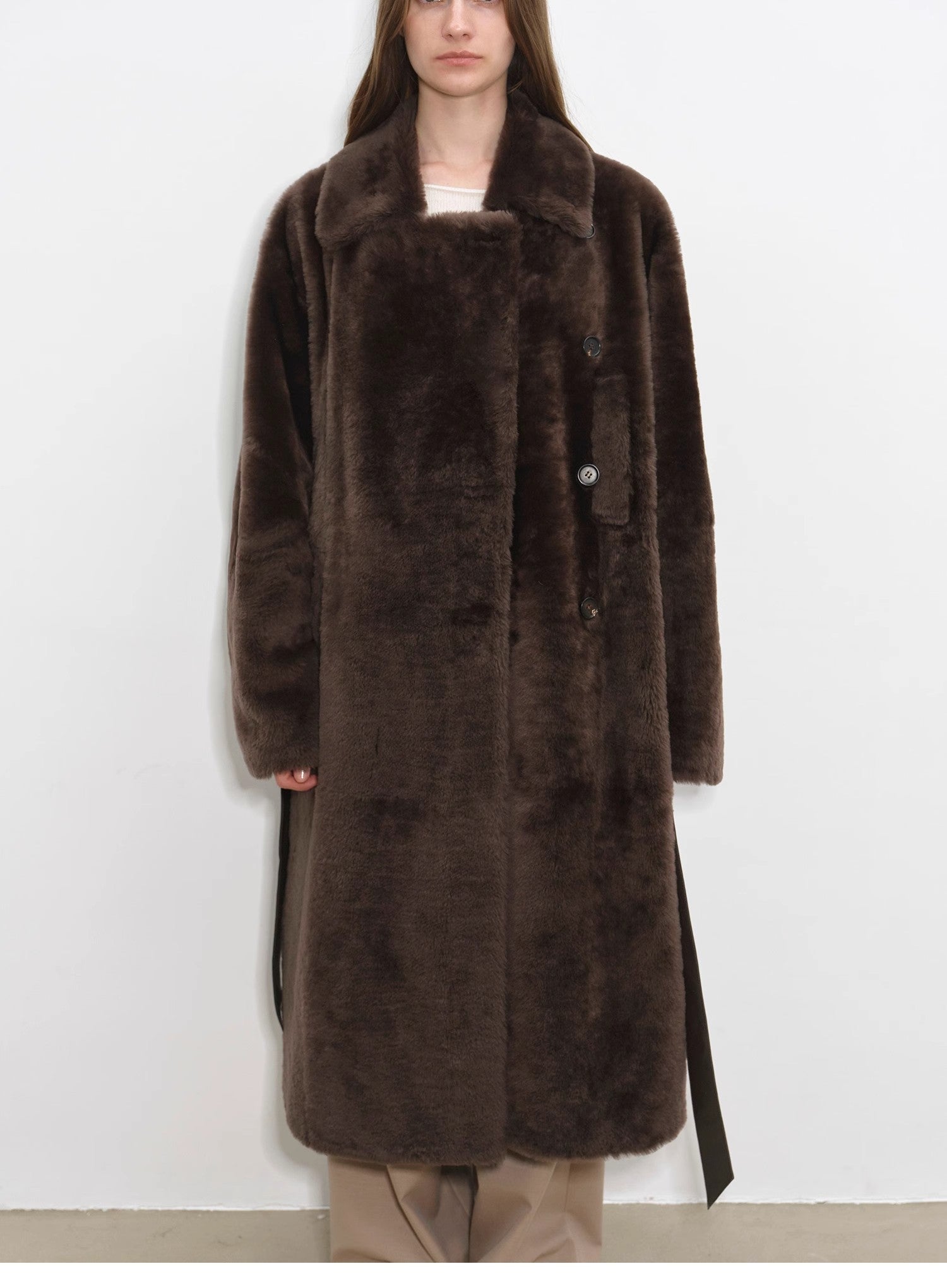"Mocha Phantom" Merino wool dropped shoulder long asymmetric placket sheepskin coat - variant_title