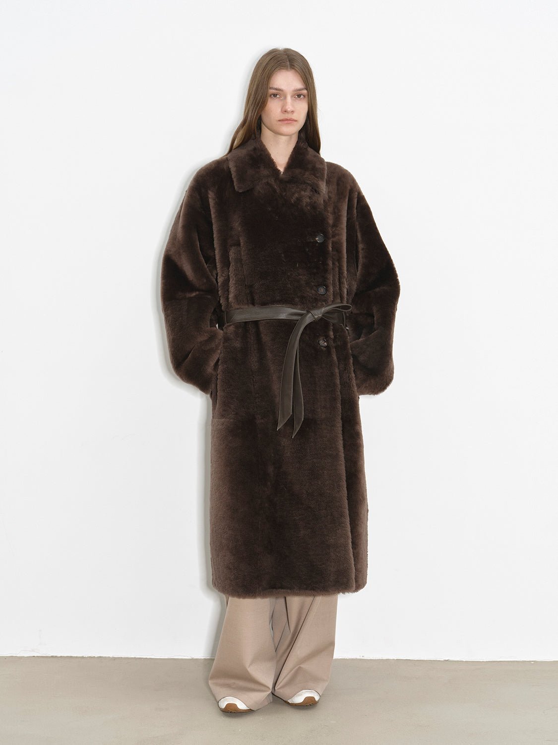 "Mocha Phantom" Merino wool dropped shoulder long asymmetric placket sheepskin coat - variant_title