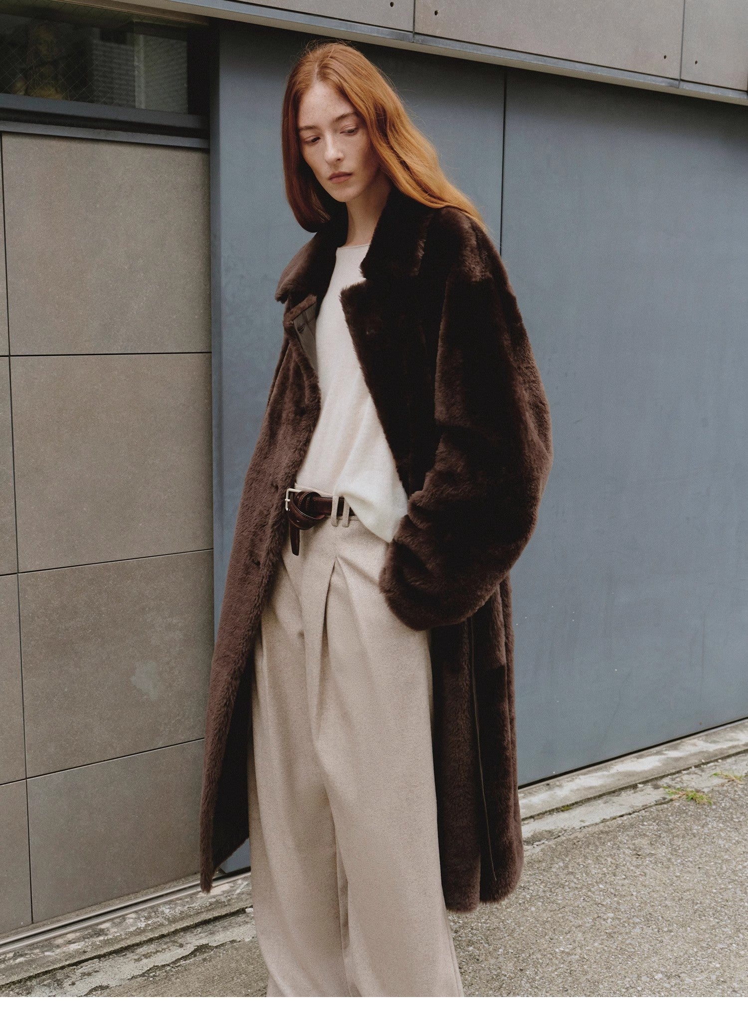 "Mocha Phantom" Merino wool dropped shoulder long asymmetric placket sheepskin coat - variant_title