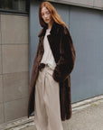 "Mocha Phantom" Merino wool dropped shoulder long asymmetric placket sheepskin coat - variant_title