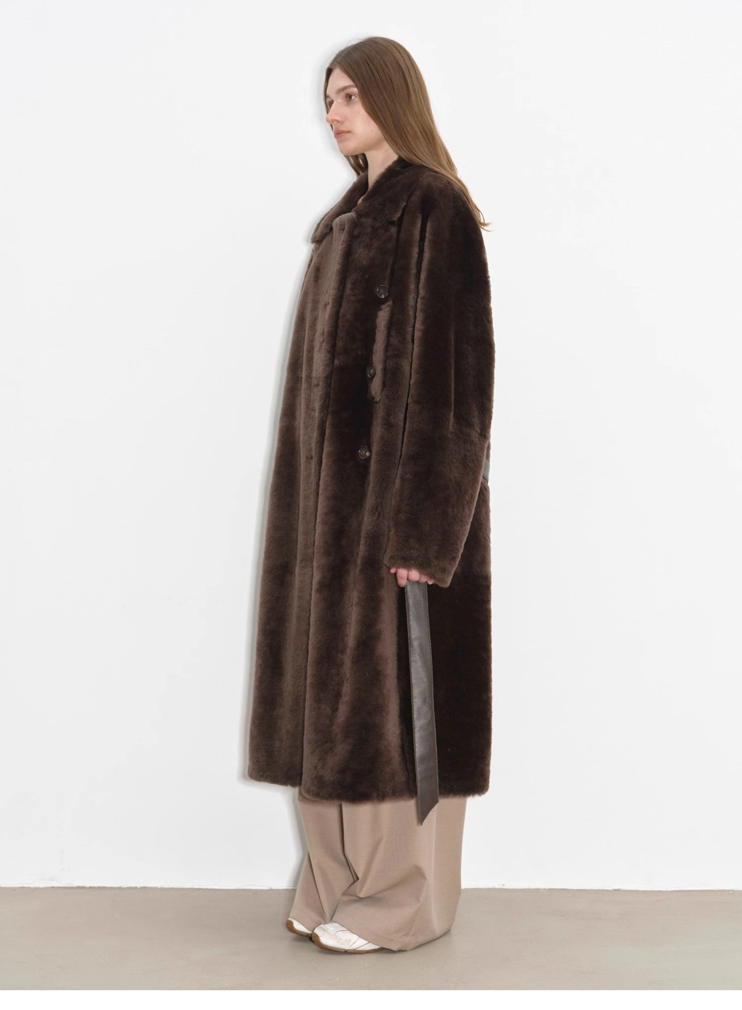 "Mocha Phantom" Merino wool dropped shoulder long asymmetric placket sheepskin coat - variant_title