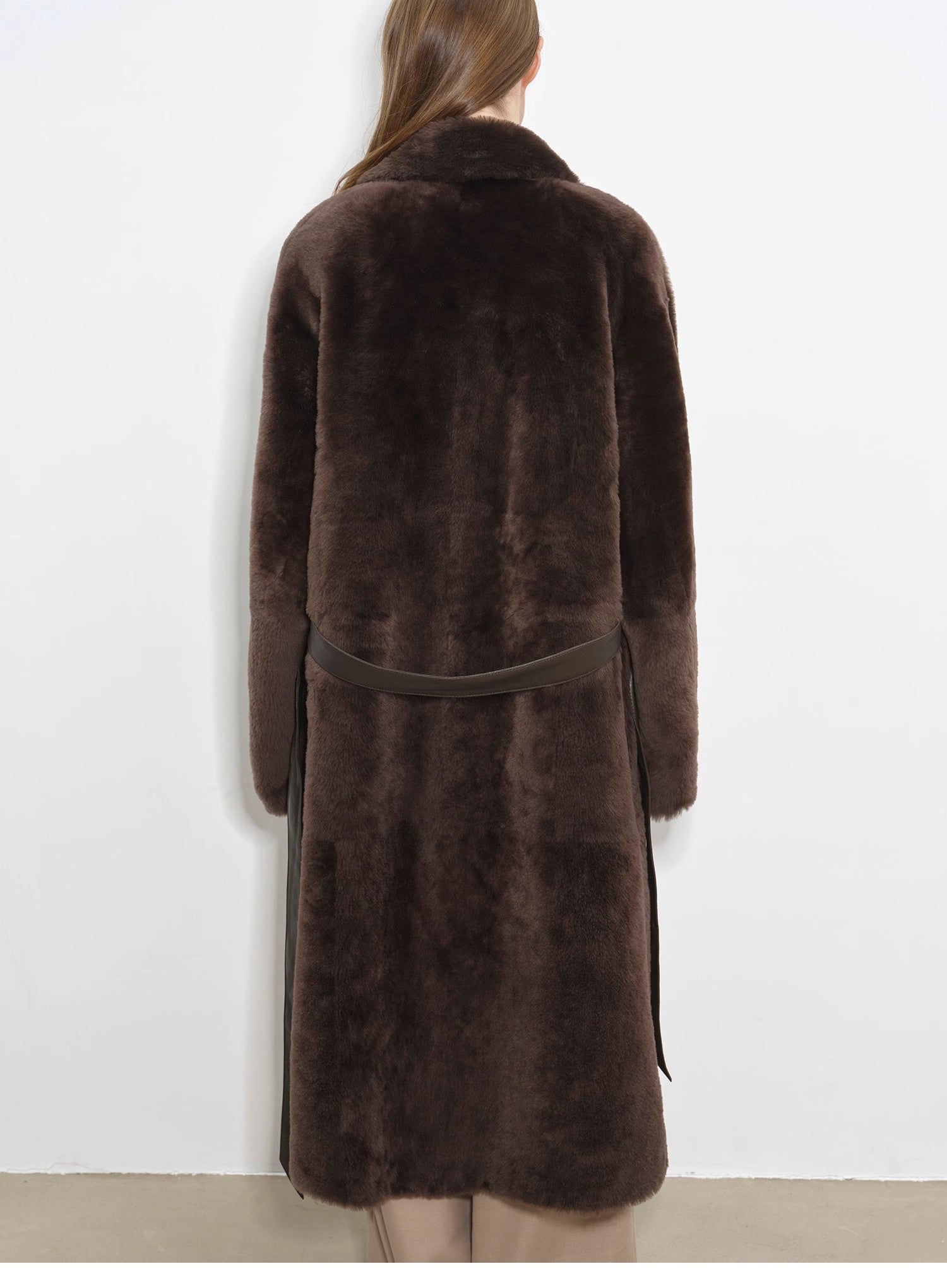 "Mocha Phantom" Merino wool dropped shoulder long asymmetric placket sheepskin coat - variant_title