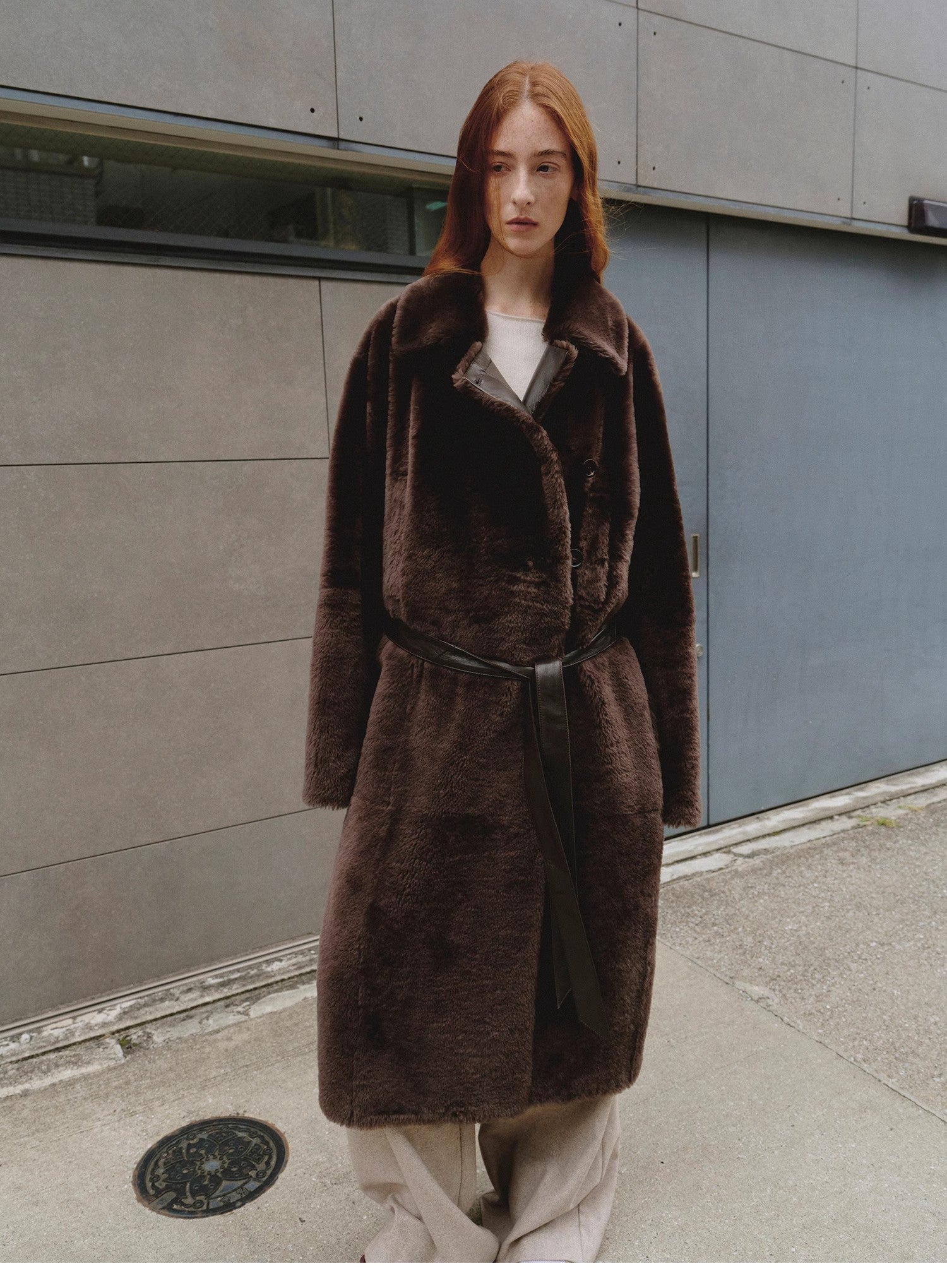 "Mocha Phantom" Merino wool dropped shoulder long asymmetric placket sheepskin coat - variant_title