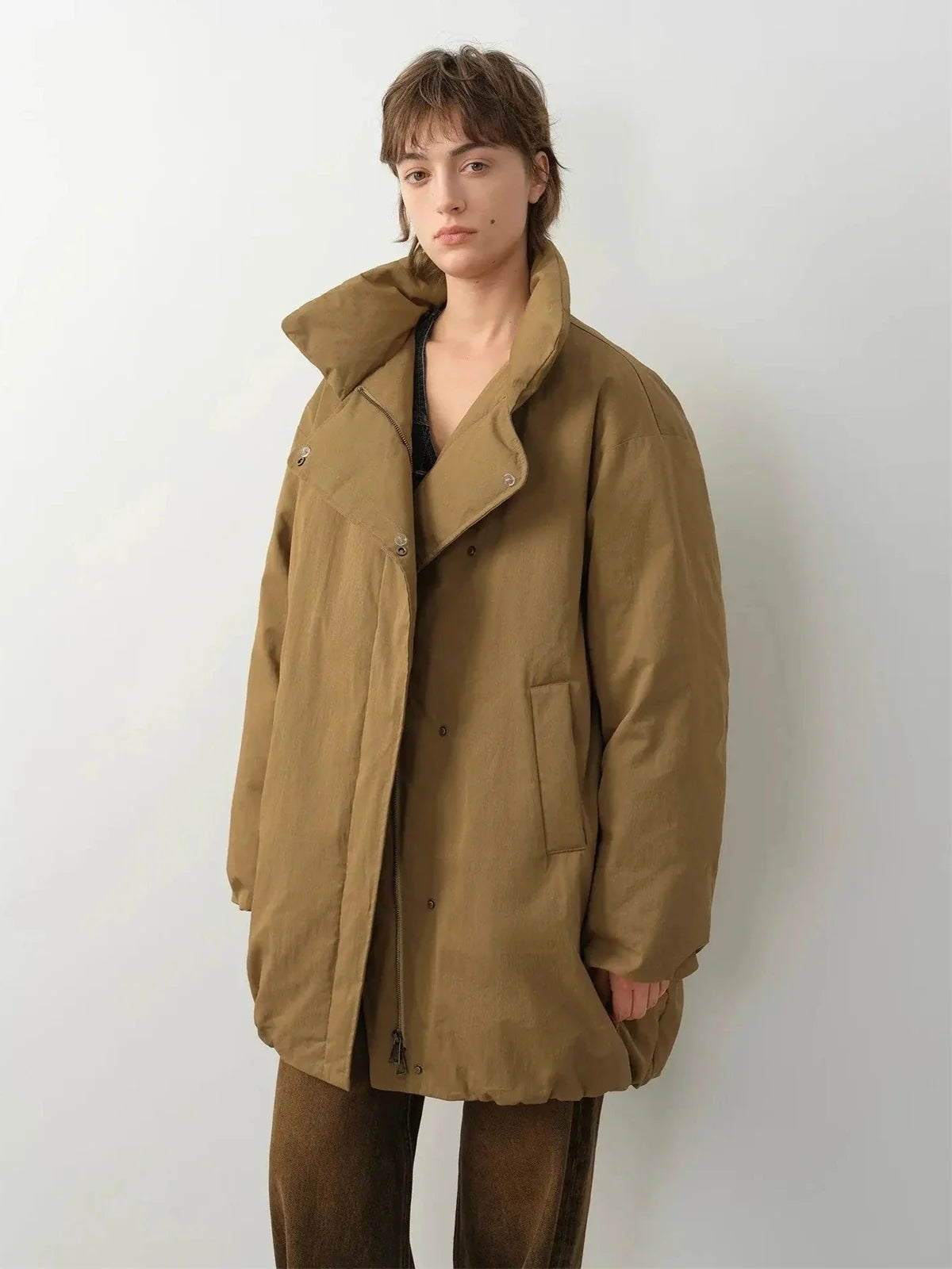Fireladyfur Modern Introduction Khaki Sheepskin goose down parka without fur collar front view
