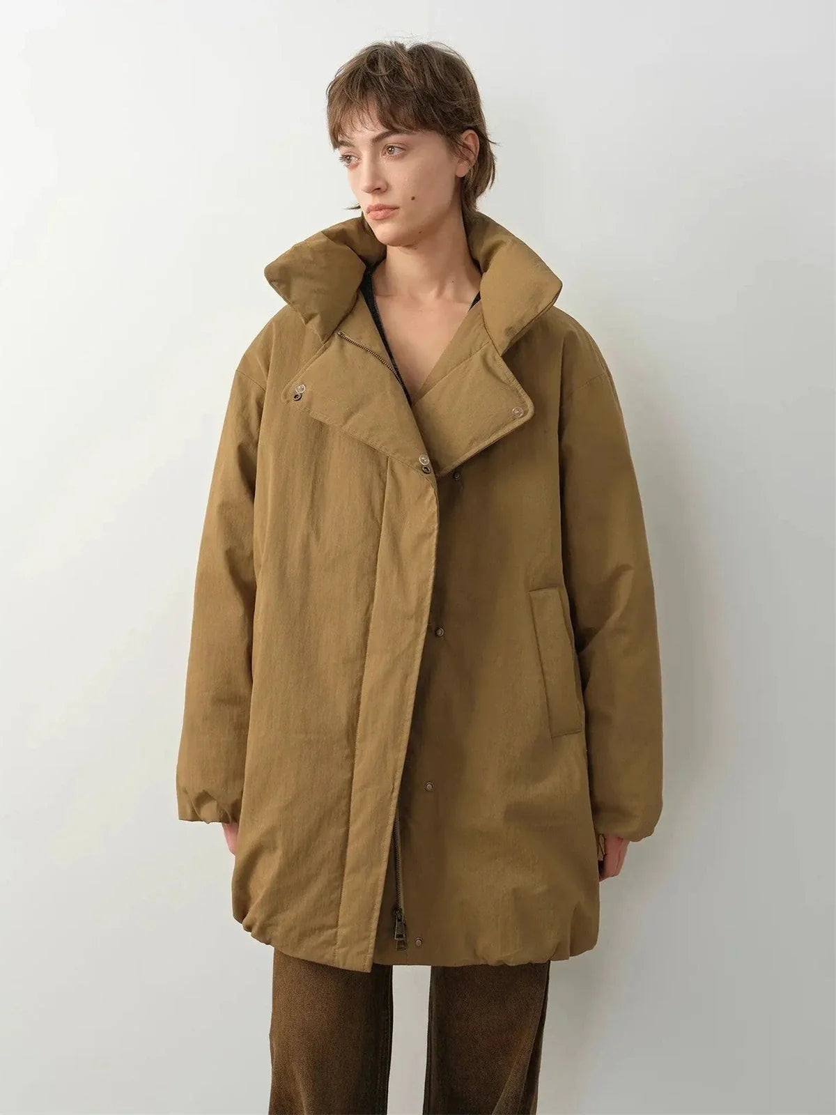 Fireladyfur Modern Introduction Khaki Sheepskin goose down parka without detachable fur collar full view