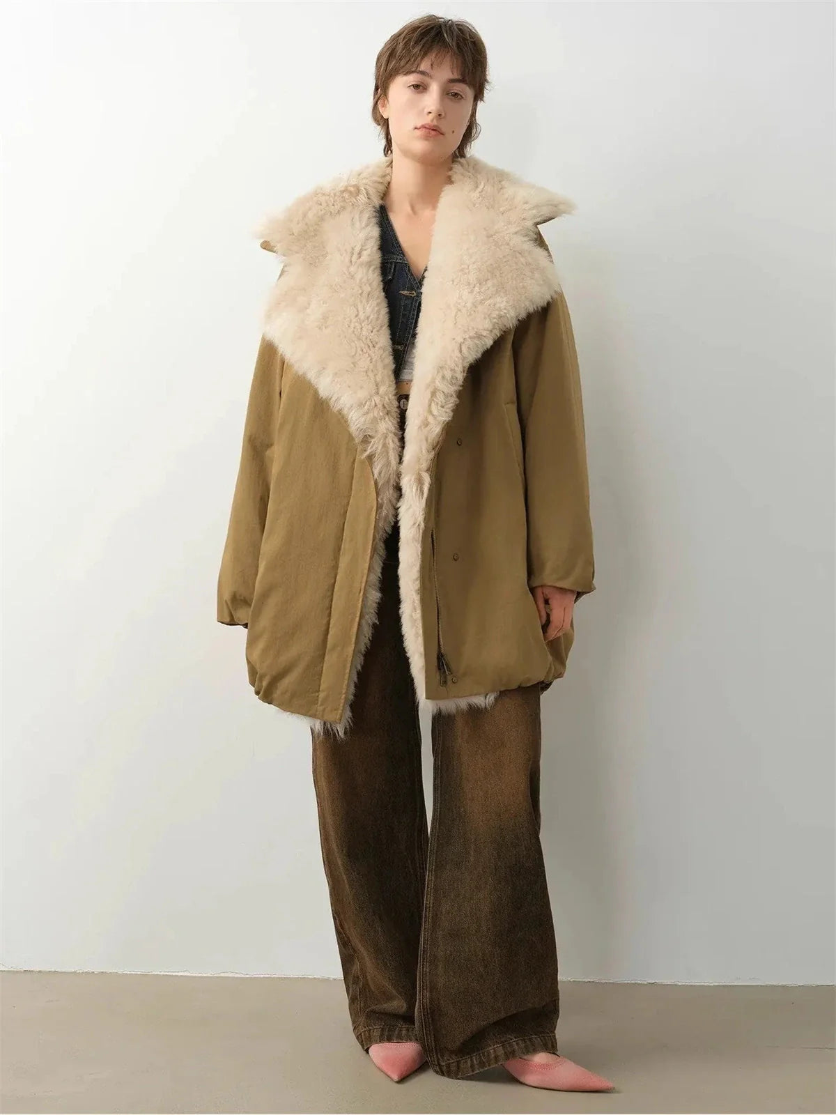 Fireladyfur Modern Introduction Khaki Sheepskin detachable Tuscan wool collar parka full-body view