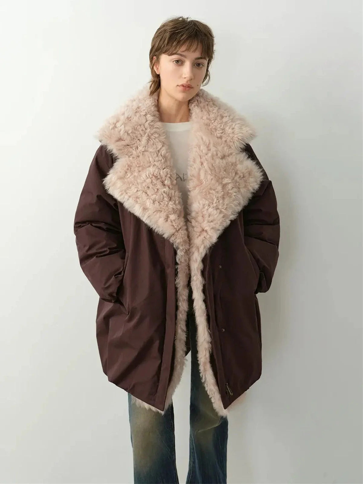 Model wearing Fireladyfur Modern Introduction Brown Purple goose down parka with Tuscan wool collar front view