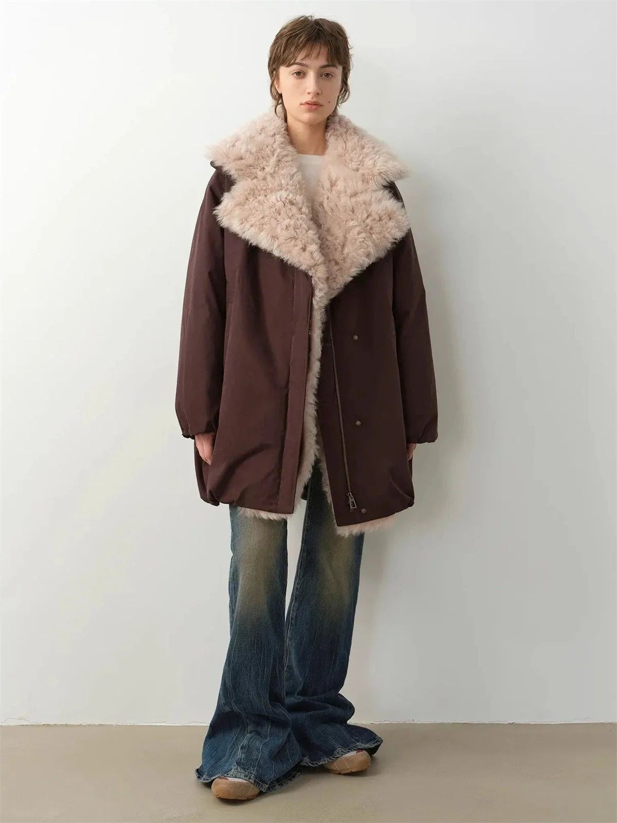 Fireladyfur Modern Introduction Brown Purple Tuscan wool collar goose down parka full-body front view