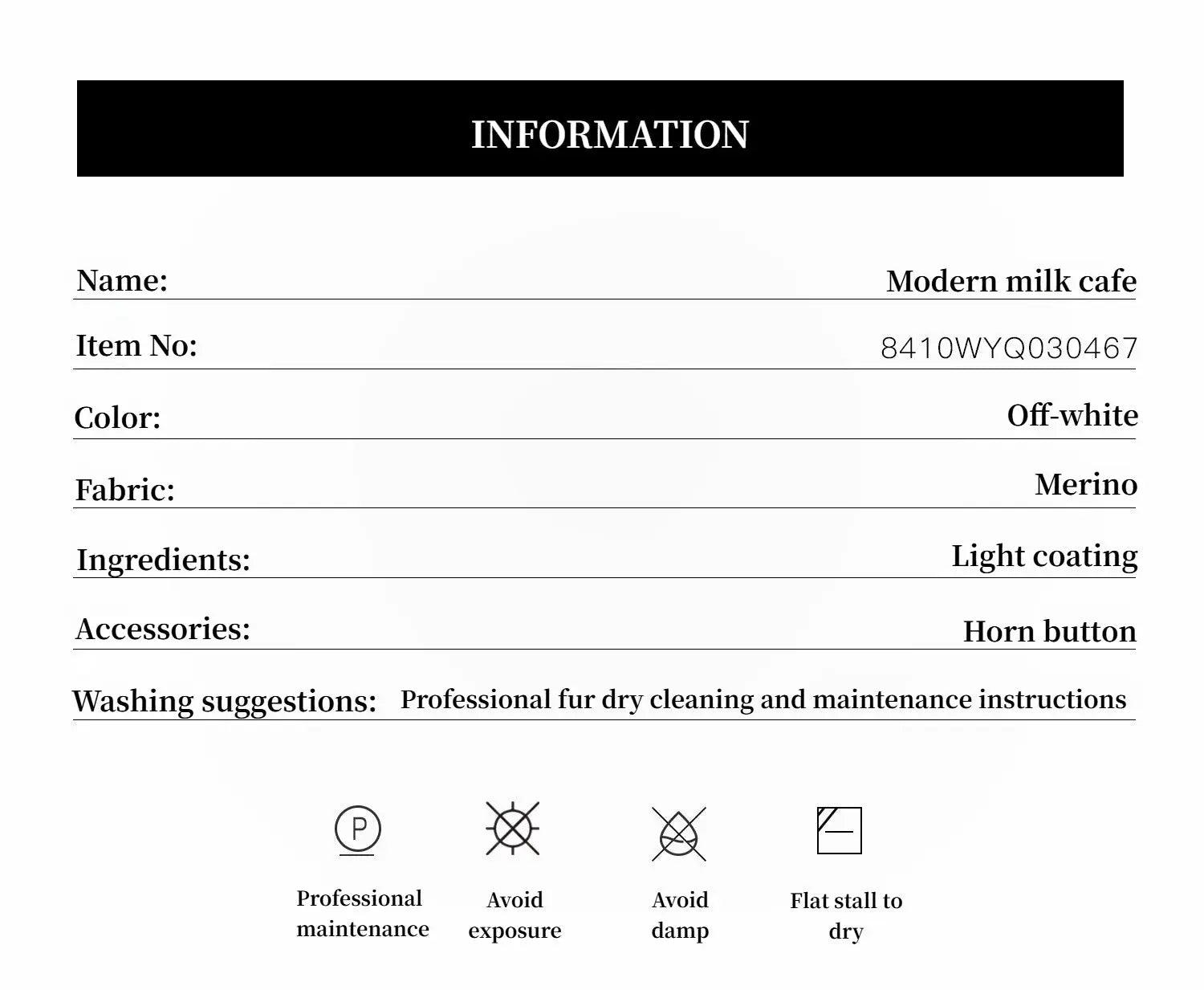 Modern Milk Cafe Merino shearling jacket materials and care information