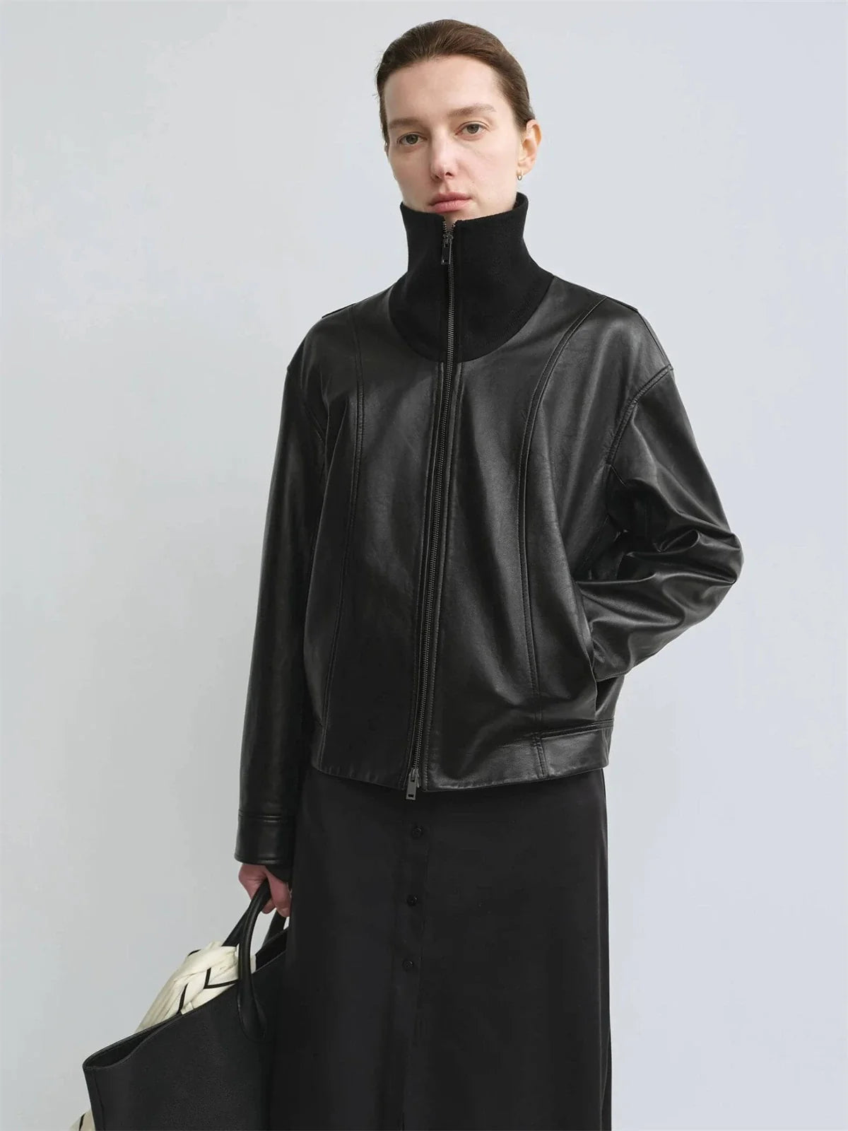 THE ARTM Women's Funnel Neck Leather Jacket - Modern Minimal, Relaxed Fit