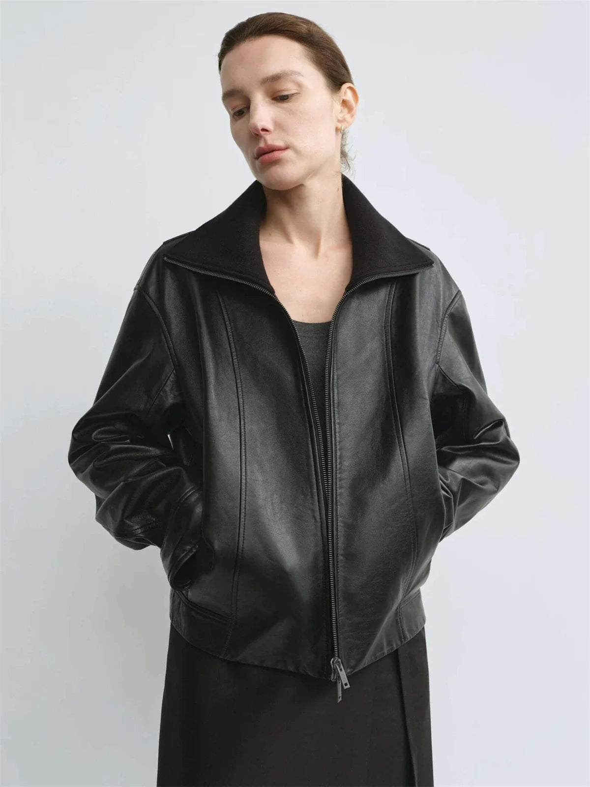 THE ARTM Women's Funnel Neck Leather Jacket - Modern Minimal, Relaxed Fit