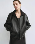 THE ARTM Women's Funnel Neck Leather Jacket - Modern Minimal, Relaxed Fit