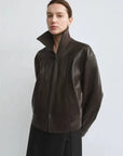 THE ARTM Women's Funnel Neck Leather Jacket - Modern Minimal, Relaxed Fit